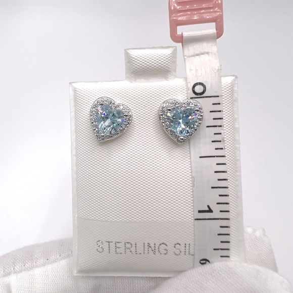 .925 Sterling Silver Aquamarine Cz & Clear Cz Heart Earrings - Picture 12 of 16